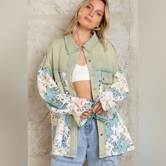 #30 New! Pol Gorgeous Sage Lace Shacket with detailed ruffled sleeves - Picture 3 of 6